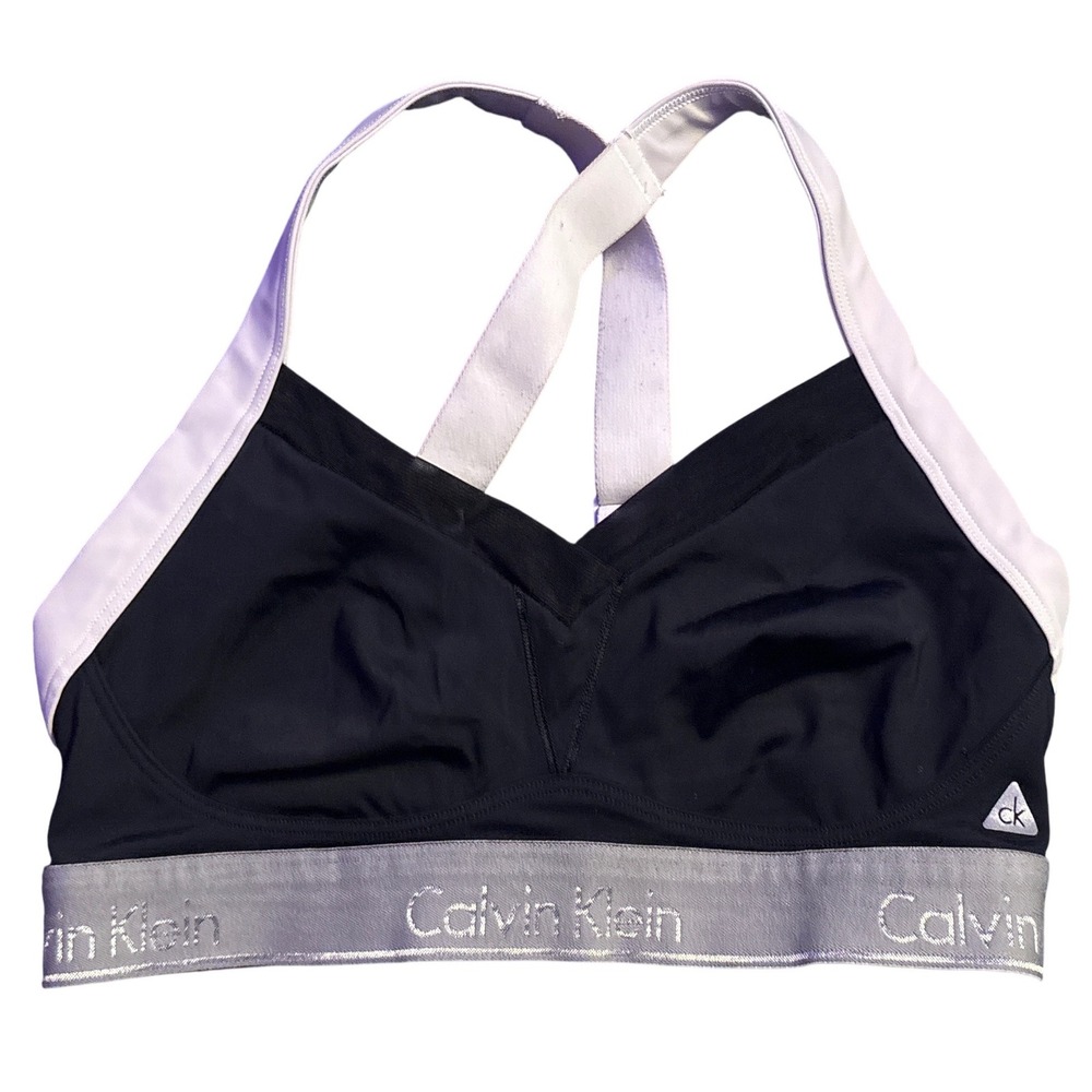 Calvin Klein Sports Bra Black Gray Logo Band Crossback Size S
